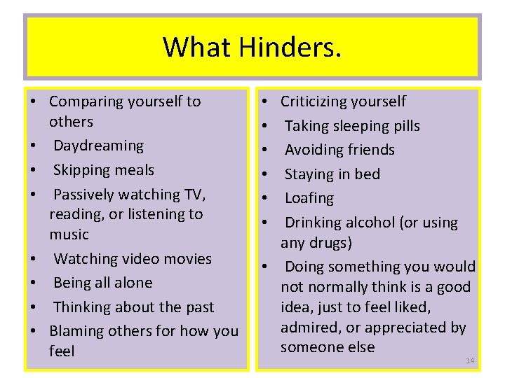 What Hinders. • Comparing yourself to others • Daydreaming • Skipping meals • Passively