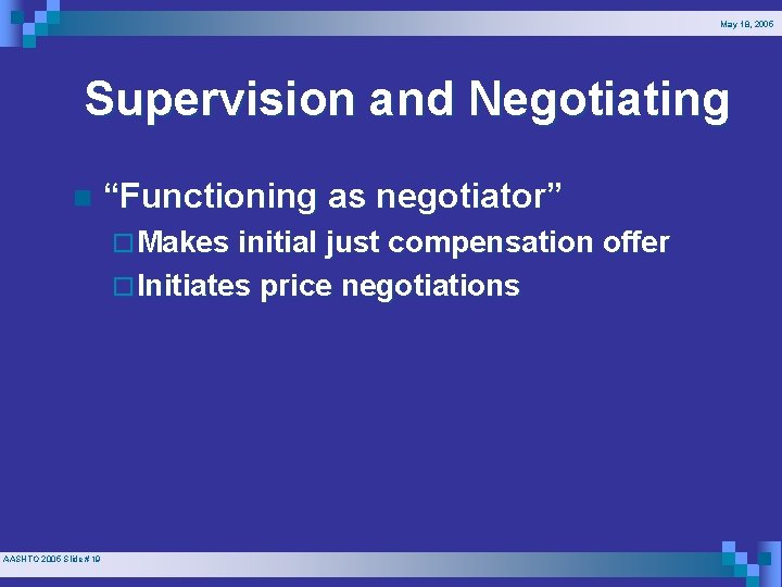 May 18, 2005 Supervision and Negotiating n “Functioning as negotiator” ¨ Makes initial just