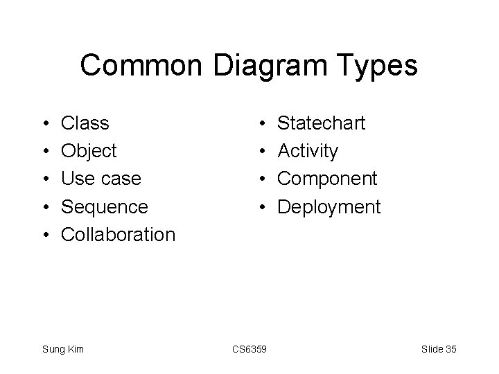 Common Diagram Types • • • Class Object Use case Sequence Collaboration Sung Kim