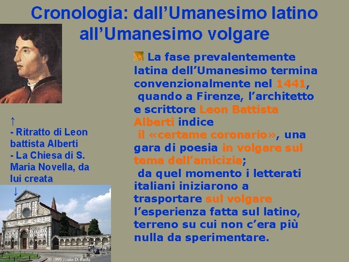 Cronologia: dall’Umanesimo latino all’Umanesimo volgare ↑ - Ritratto di Leon battista Alberti - La