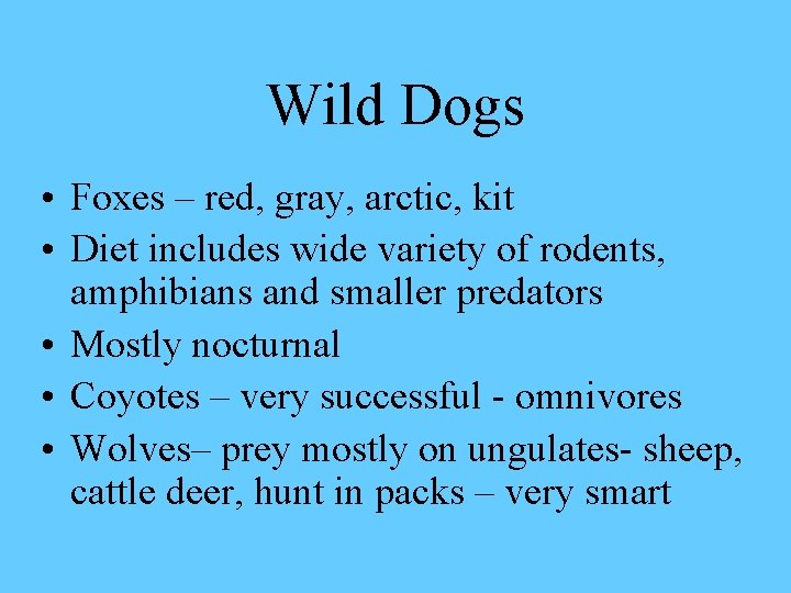 Wild Dogs • Foxes – red, gray, arctic, kit • Diet includes wide variety