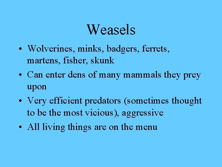 Weasels • Wolverines, minks, badgers, ferrets, martens, fisher, skunk • Can enter dens of