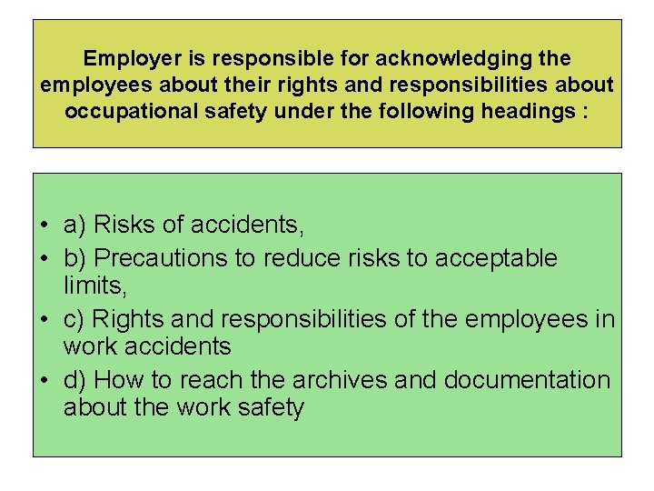 Employer is responsible for acknowledging the employees about their rights and responsibilities about occupational