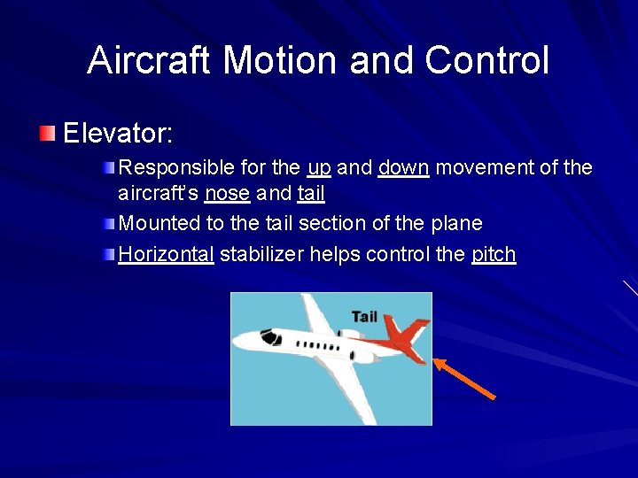 Aircraft Motion and Control Elevator: Responsible for the up and down movement of the