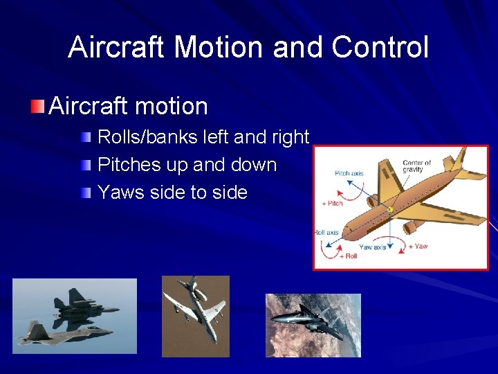 Aircraft Motion and Control Aircraft motion Rolls/banks left and right Pitches up and down