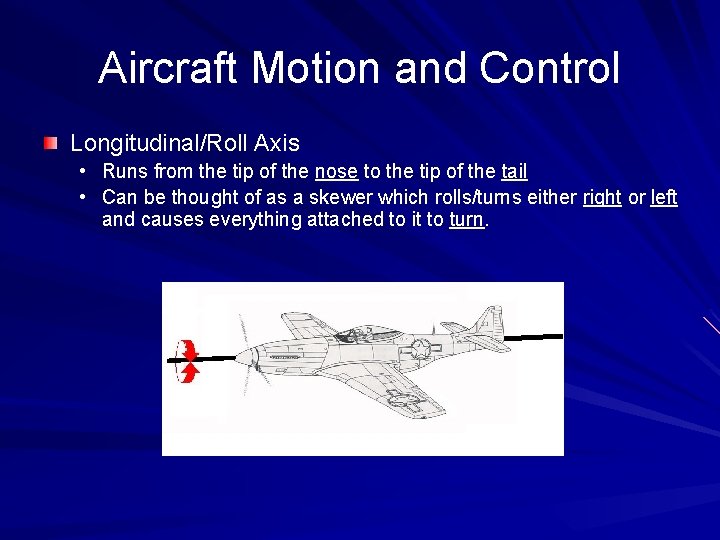 Aircraft Motion and Control Longitudinal/Roll Axis • Runs from the tip of the nose