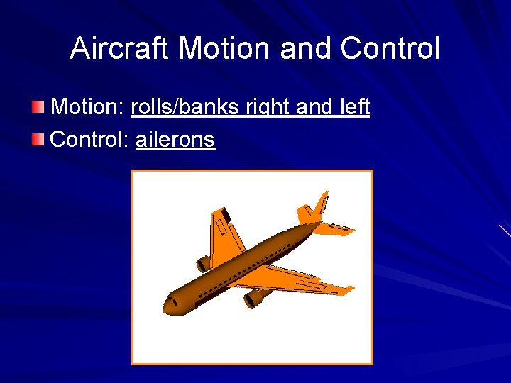 Aircraft Motion and Control Motion: rolls/banks right and left Control: ailerons 