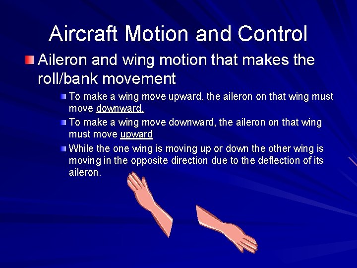 Aircraft Motion and Control Aileron and wing motion that makes the roll/bank movement To