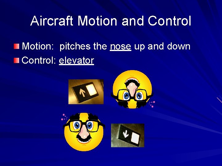 Aircraft Motion and Control Motion: pitches the nose up and down Control: elevator 