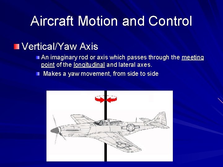 Aircraft Motion and Control Vertical/Yaw Axis An imaginary rod or axis which passes through