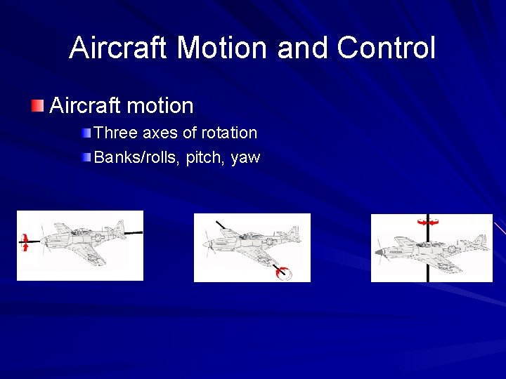 Aircraft Motion and Control Aircraft motion Three axes of rotation Banks/rolls, pitch, yaw 