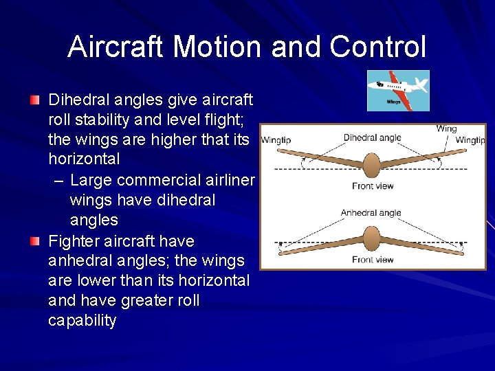 Aircraft Motion and Control Dihedral angles give aircraft roll stability and level flight; the