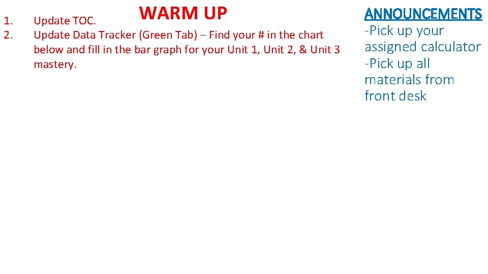 1. 2. WARM UP Update TOC. Update Data Tracker (Green Tab) – Find your 1. 2. WARM UP Update TOC. Update Data Tracker (Green Tab) – Find your