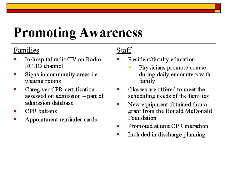 Promoting Awareness Families Staff § § § In-hospital radio/TV on Radio ECHO channel Signs Promoting Awareness Families Staff § § § In-hospital radio/TV on Radio ECHO channel Signs