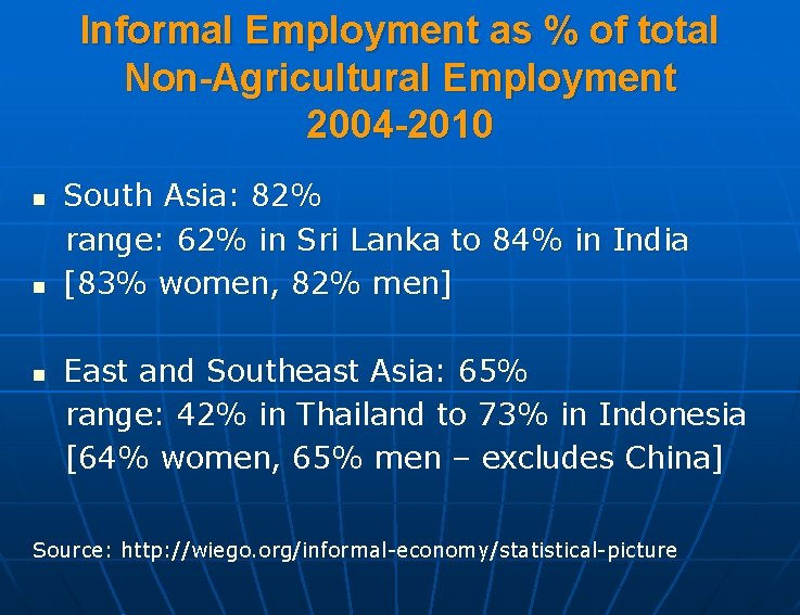 Informal Employment as % of total Non-Agricultural Employment 2004 -2010 n n n South