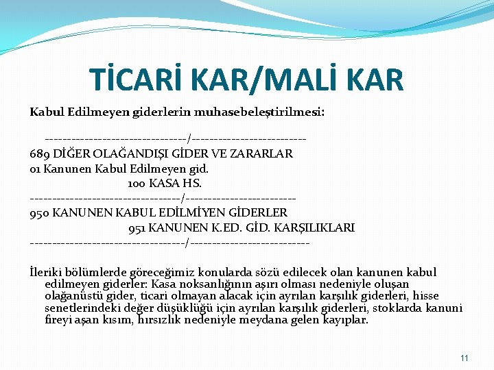 TİCARİ KAR/MALİ KAR Kabul Edilmeyen giderlerin muhasebeleştirilmesi: ----------------/-------------689 DİĞER OLAĞANDIŞI GİDER VE ZARARLAR 01