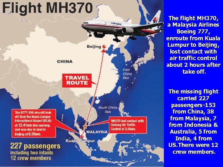 The flight MH 370, a Malaysia Airlines Boeing 777, enroute from Kuala Lumpur to