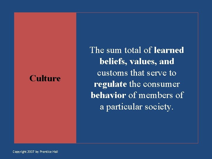 Culture Copyright 2007 by Prentice Hall The sum total of learned beliefs, values, and