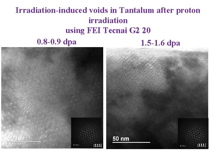 Irradiation-induced voids in Tantalum after proton irradiation using FEI Tecnai G 2 20 0.