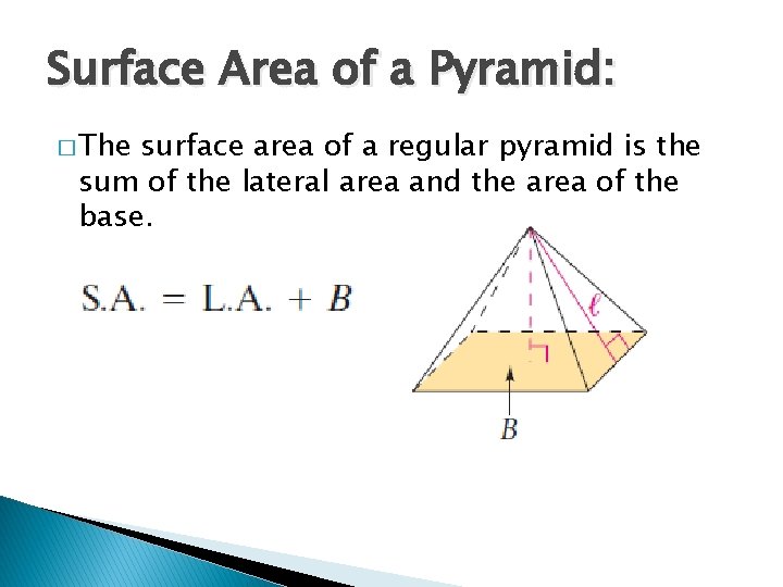 Surface Area of a Pyramid: � The surface area of a regular pyramid is