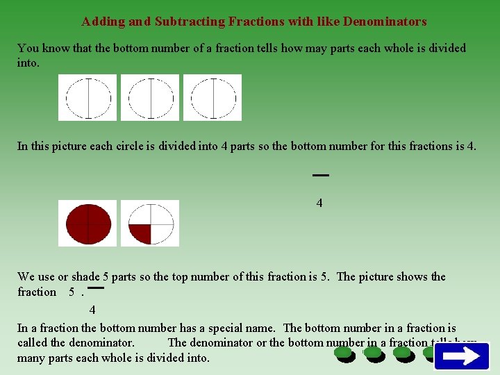 Adding and Subtracting Fractions with like Denominators You know that the bottom number of