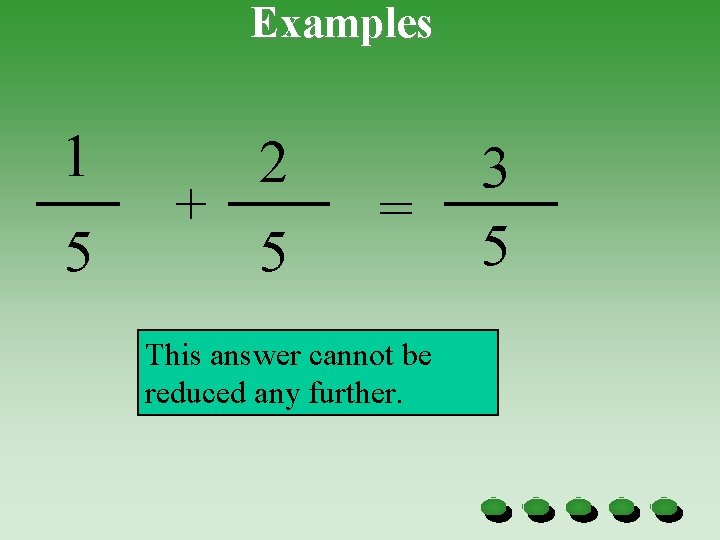 Examples 1 5 + 2 5 = This answer cannot be reduced any further.