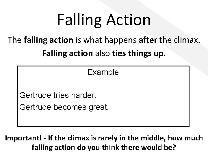 Falling Action The falling action is what happens after the climax. Falling action also