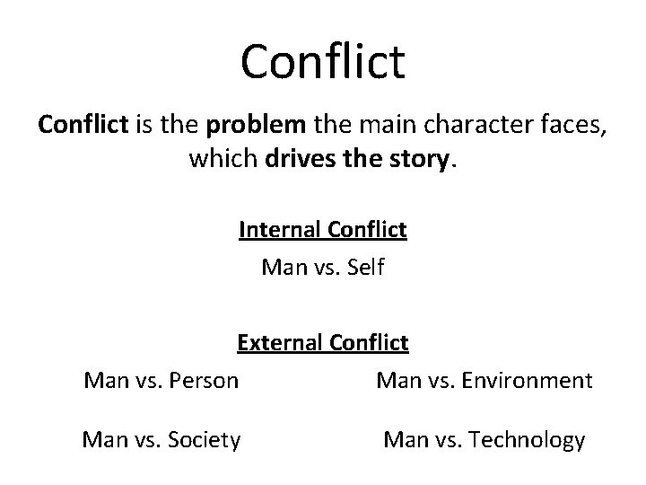 Conflict is the problem the main character faces, which drives the story. Internal Conflict