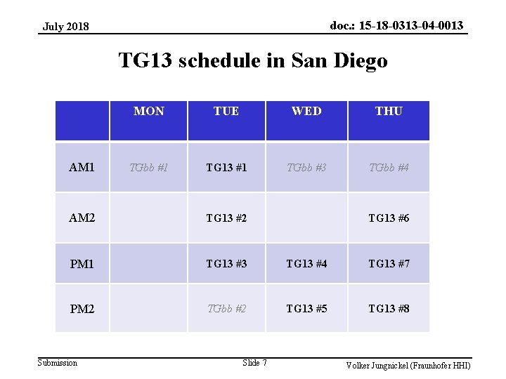 doc. : 15 -18 -0313 -04 -0013 July 2018 TG 13 schedule in San