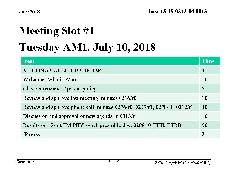 doc. : 15 -18 -0313 -04 -0013 July 2018 Meeting Slot #1 Tuesday AM