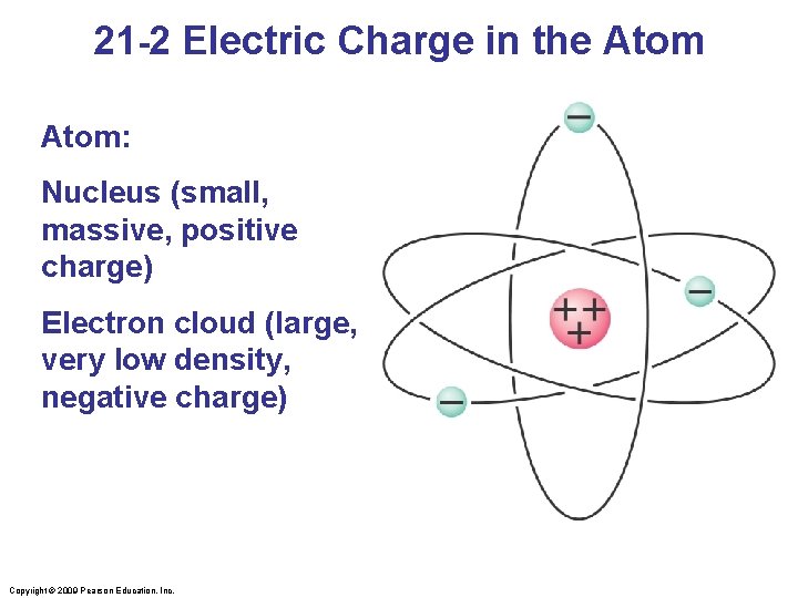 21 -2 Electric Charge in the Atom: Nucleus (small, massive, positive charge) Electron cloud