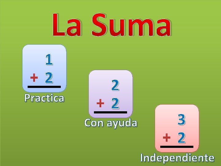 La Suma 1 2 Practica 2 2 Practica Con ayuda 3 2 Independiente 