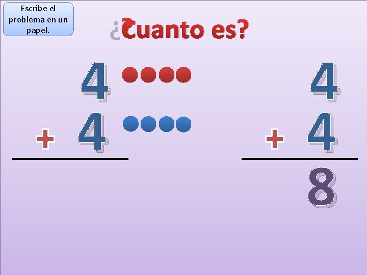 Escribe el problema en un papel. ¿Cuanto es? 4 4 8 