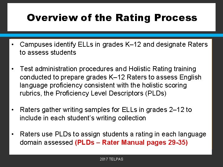 Overview of the Rating Process • Campuses identify ELLs in grades K– 12 and