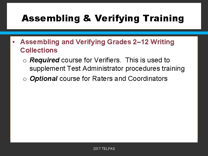 Assembling & Verifying Training • Assembling and Verifying Grades 2– 12 Writing Collections o