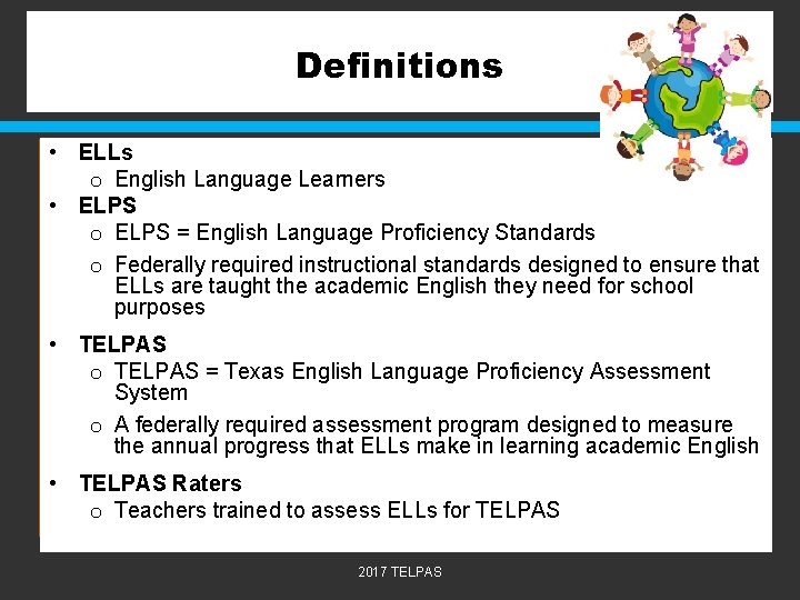 Definitions • ELLs o English Language Learners • ELPS o ELPS = English Language