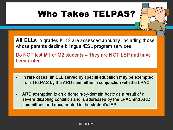 Who Takes TELPAS? All ELLs in grades K– 12 are assessed annually, including those