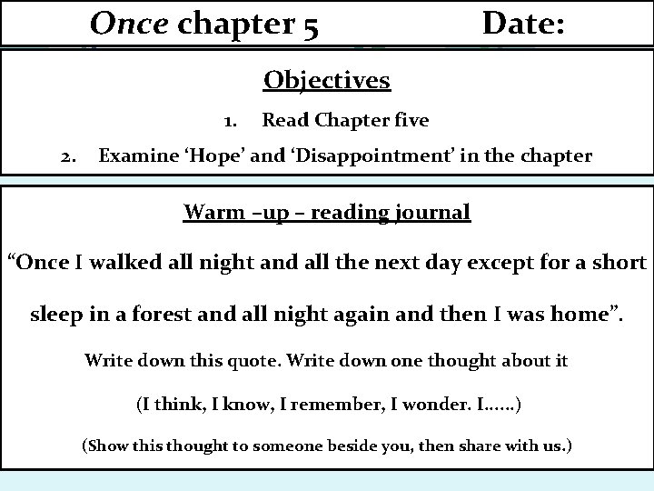 Once chapter 5 Date Objectives 1 2 Read