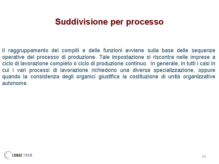 Suddivisione per processo Il raggruppamento dei compiti e delle funzioni avviene sulla base delle