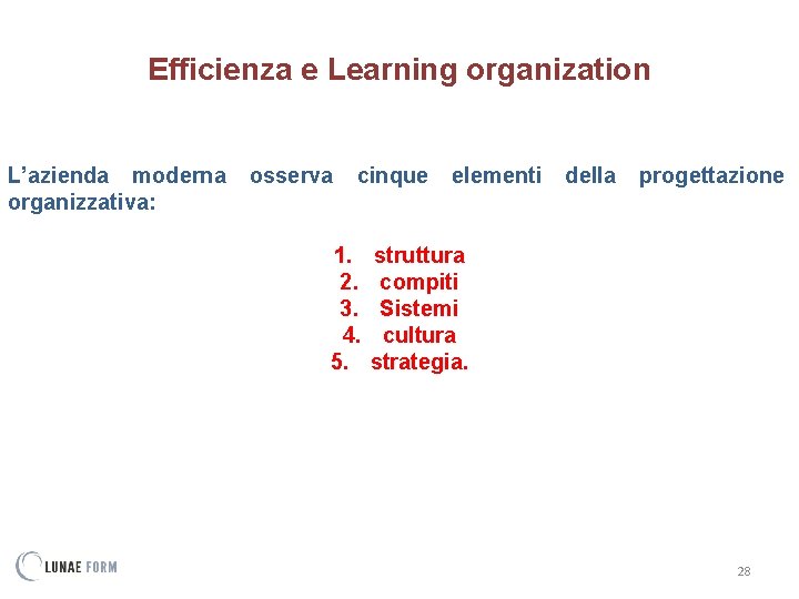 Efficienza e Learning organization L’azienda moderna organizzativa: osserva cinque 1. 2. 3. 4. 5.