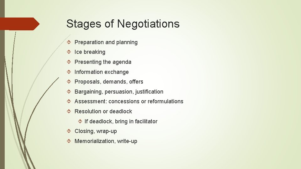 Stages of Negotiations Preparation and planning Ice breaking Presenting the agenda Information exchange Proposals,