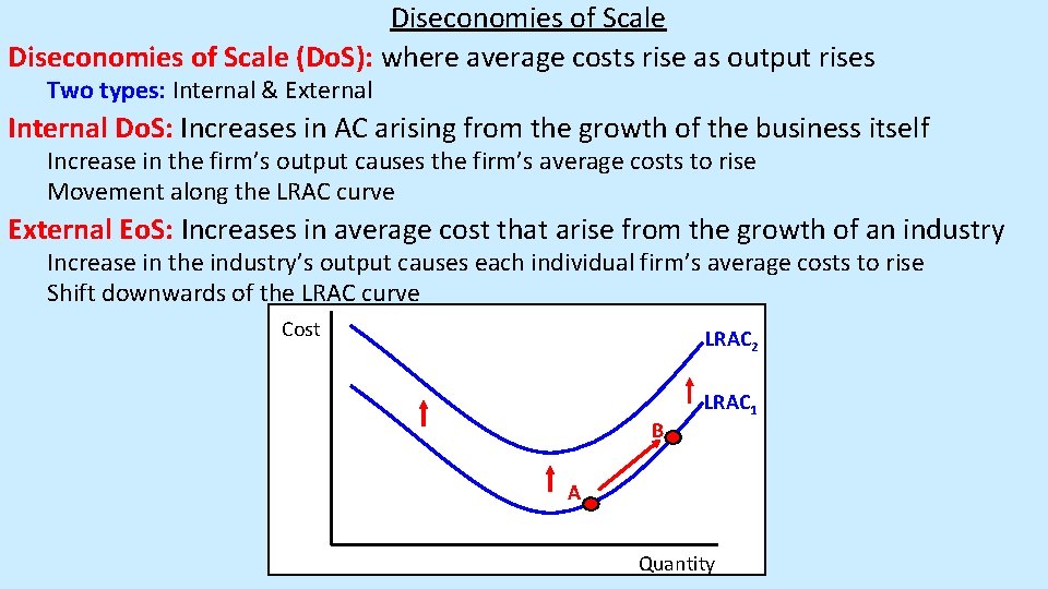 Diseconomies of Scale (Do. S): where average costs rise as output rises Two types: