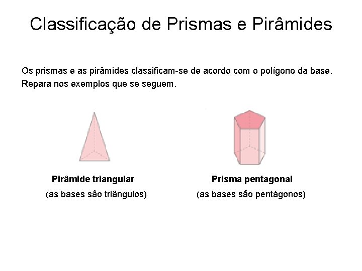 Classificação de Prismas e Pirâmides Os prismas e as pirâmides classificam-se de acordo com