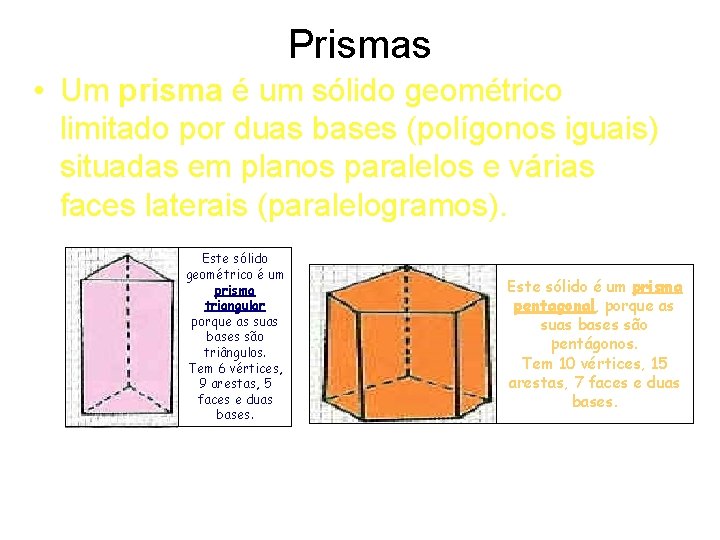 Prismas • Um prisma é um sólido geométrico limitado por duas bases (polígonos iguais)