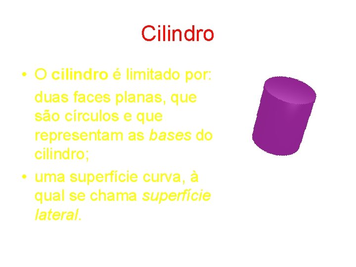 Cilindro • O cilindro é limitado por: duas faces planas, que são círculos e