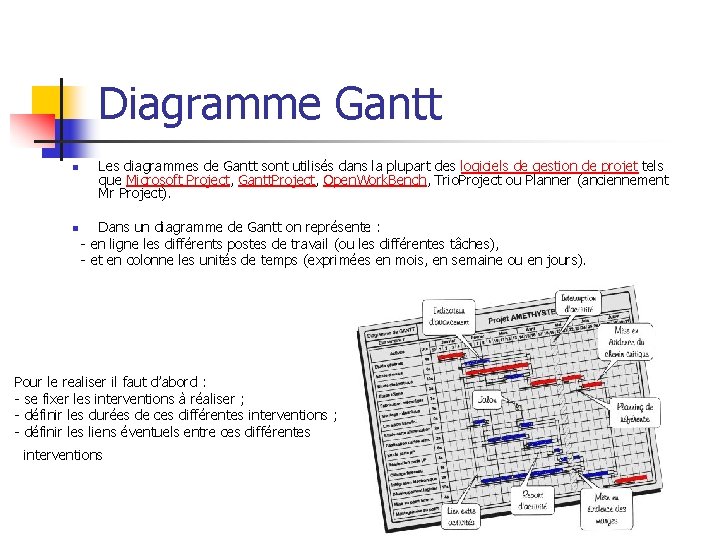 Diagramme Gantt n n Les diagrammes de Gantt sont utilisés dans la plupart des