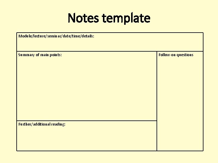 Notes template Module/lecture/seminar/date/time/details: Summary of main points: Further/additional reading: Follow-on questions 