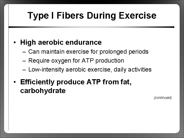 Type I Fibers During Exercise • High aerobic endurance – Can maintain exercise for