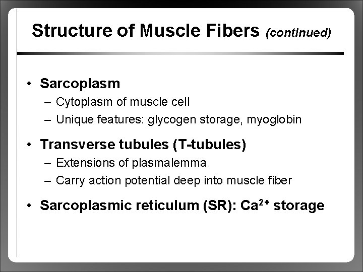 Structure of Muscle Fibers (continued) • Sarcoplasm – Cytoplasm of muscle cell – Unique