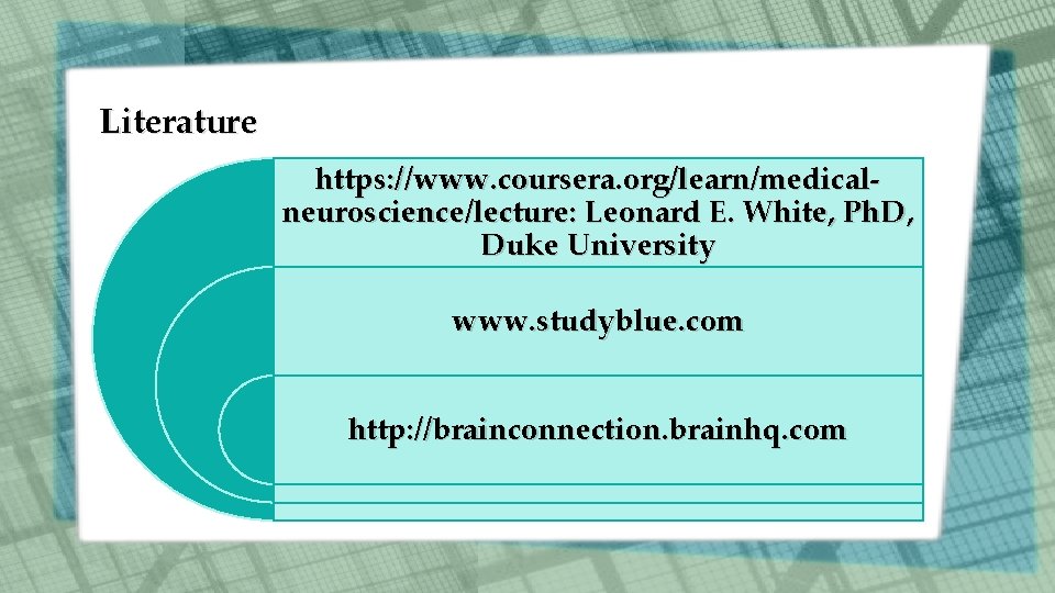 Literature https: //www. coursera. org/learn/medicalneuroscience/lecture: Leonard E. White, Ph. D, Duke University www. studyblue. Literature https: //www. coursera. org/learn/medicalneuroscience/lecture: Leonard E. White, Ph. D, Duke University www. studyblue.